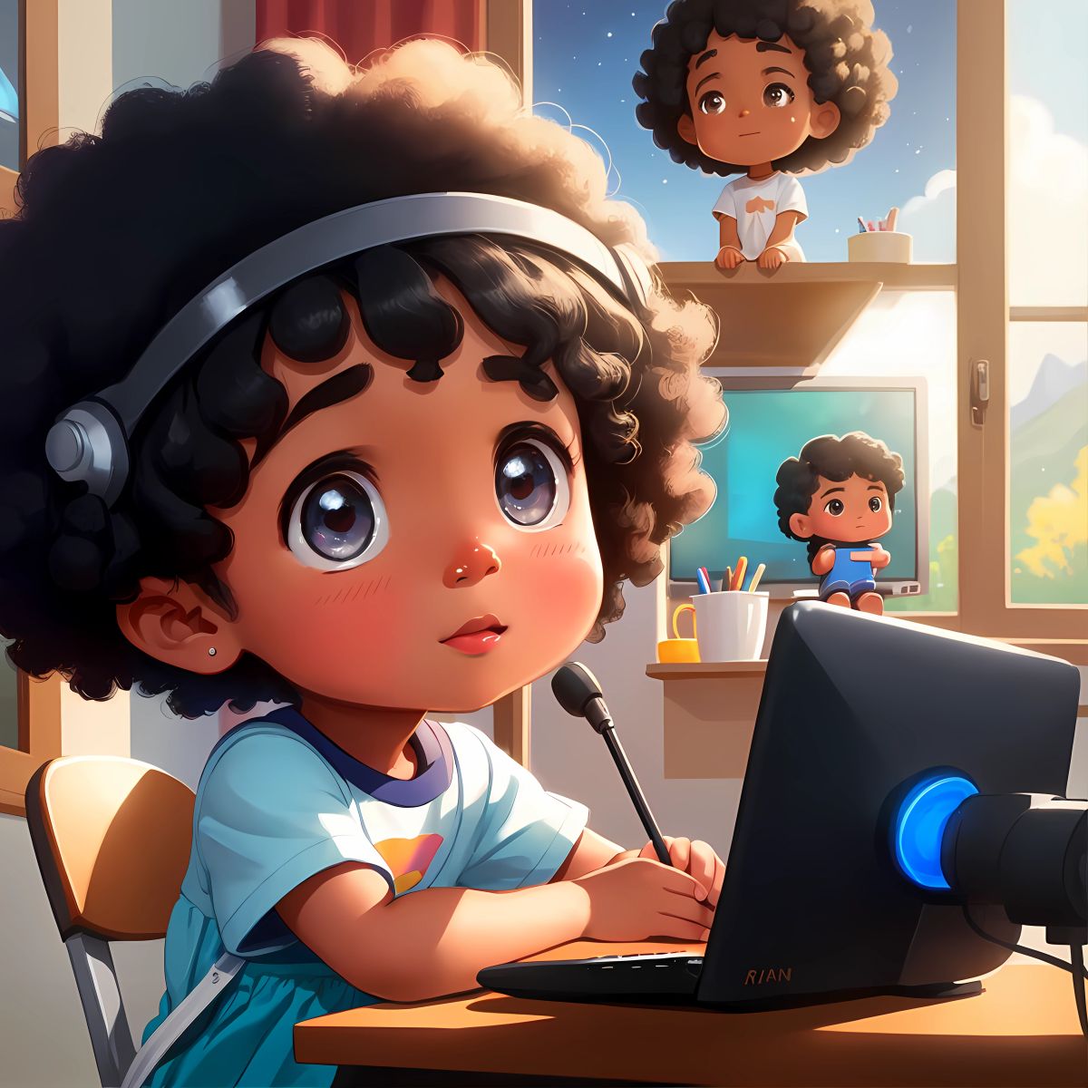 A quaint little town with curious and imaginative Christina sitting in front of a computer, her eyes gleaming with excitement.