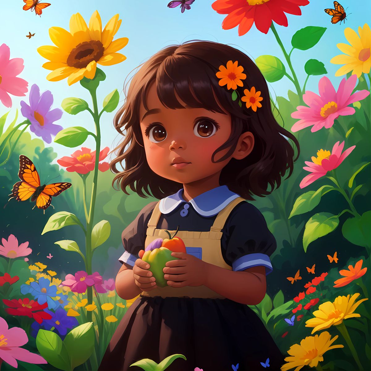 Eva's garden filled with colorful flowers, fruits, and vegetables, attracting butterflies, bees, and birds.