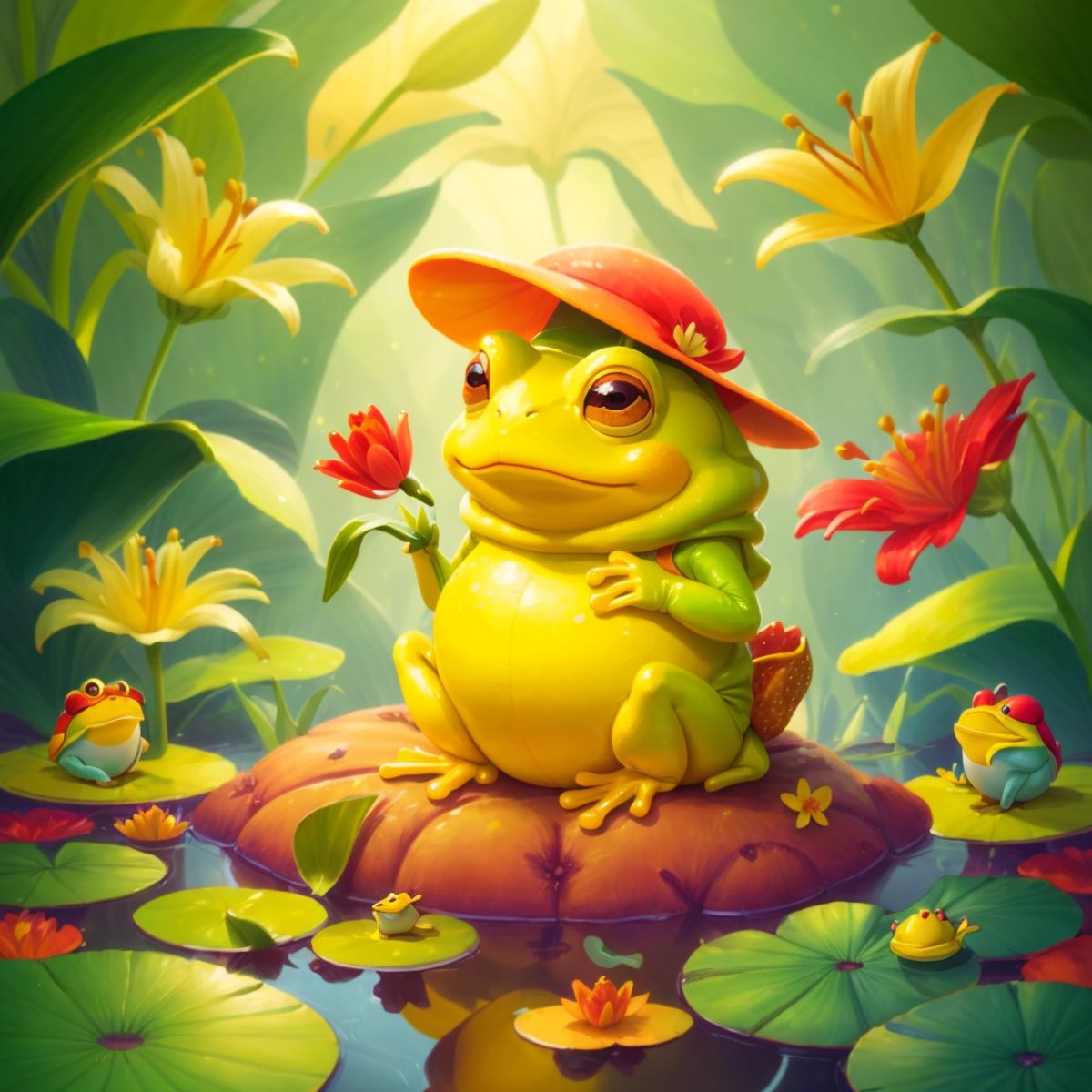 Ms. Yellow-Ole Frog sitting on a lily pad, sipping lemonade