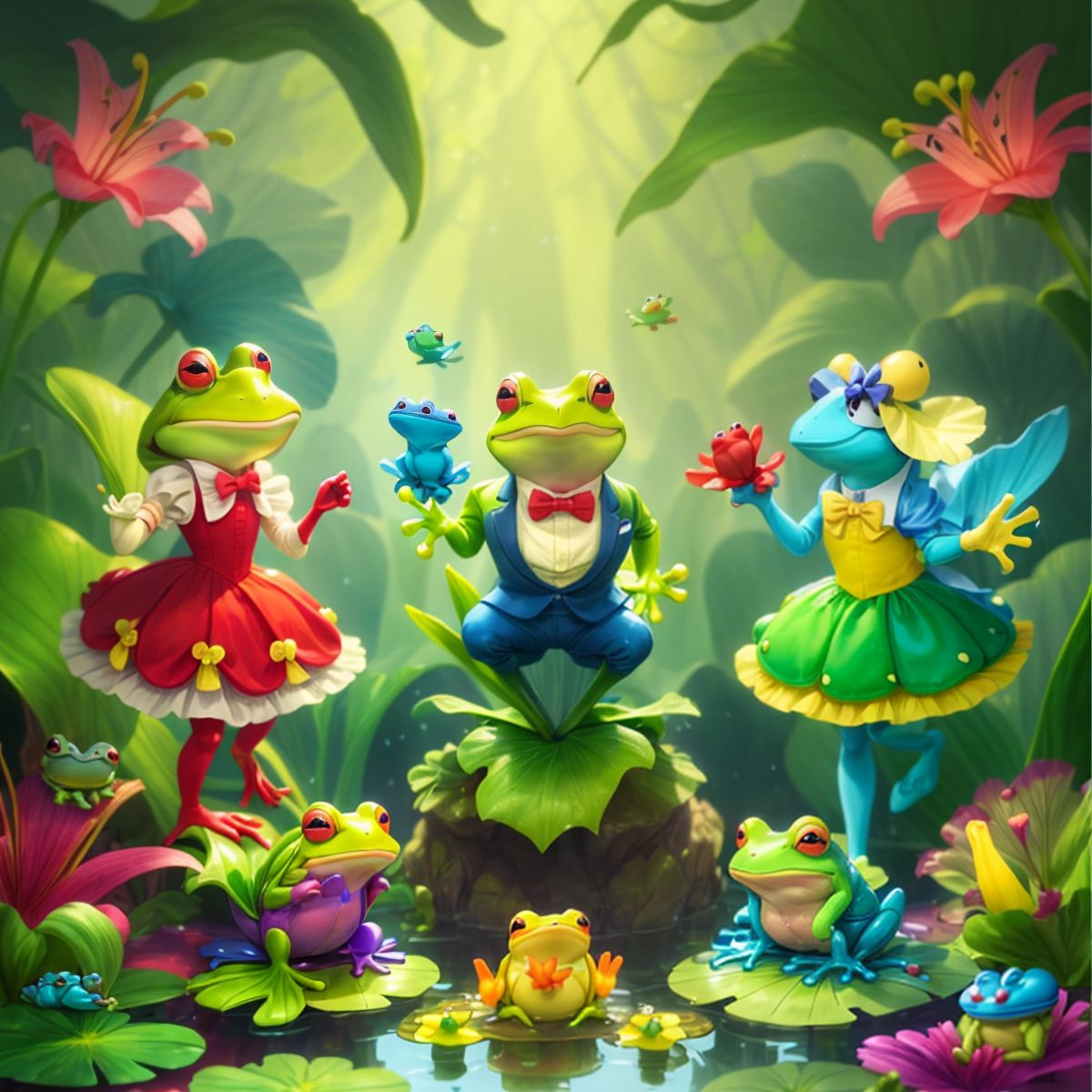 Frogs and toads hopping off the Lily Pads after the celebration