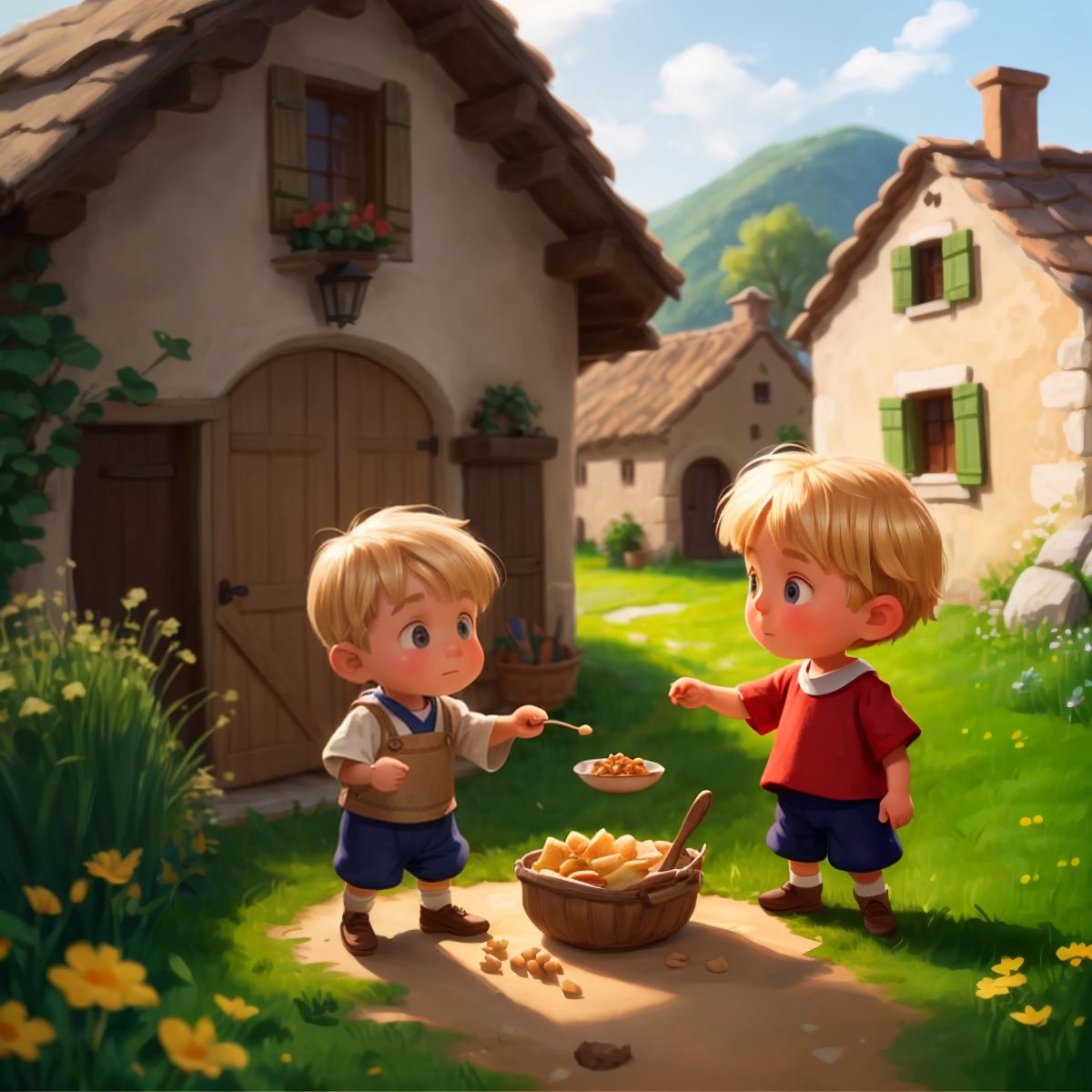 Charlie giving food to a hungry villager