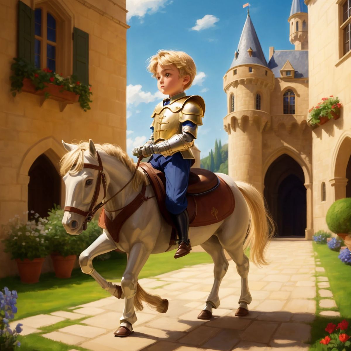 Charlie wearing a suit of armor, riding a horse