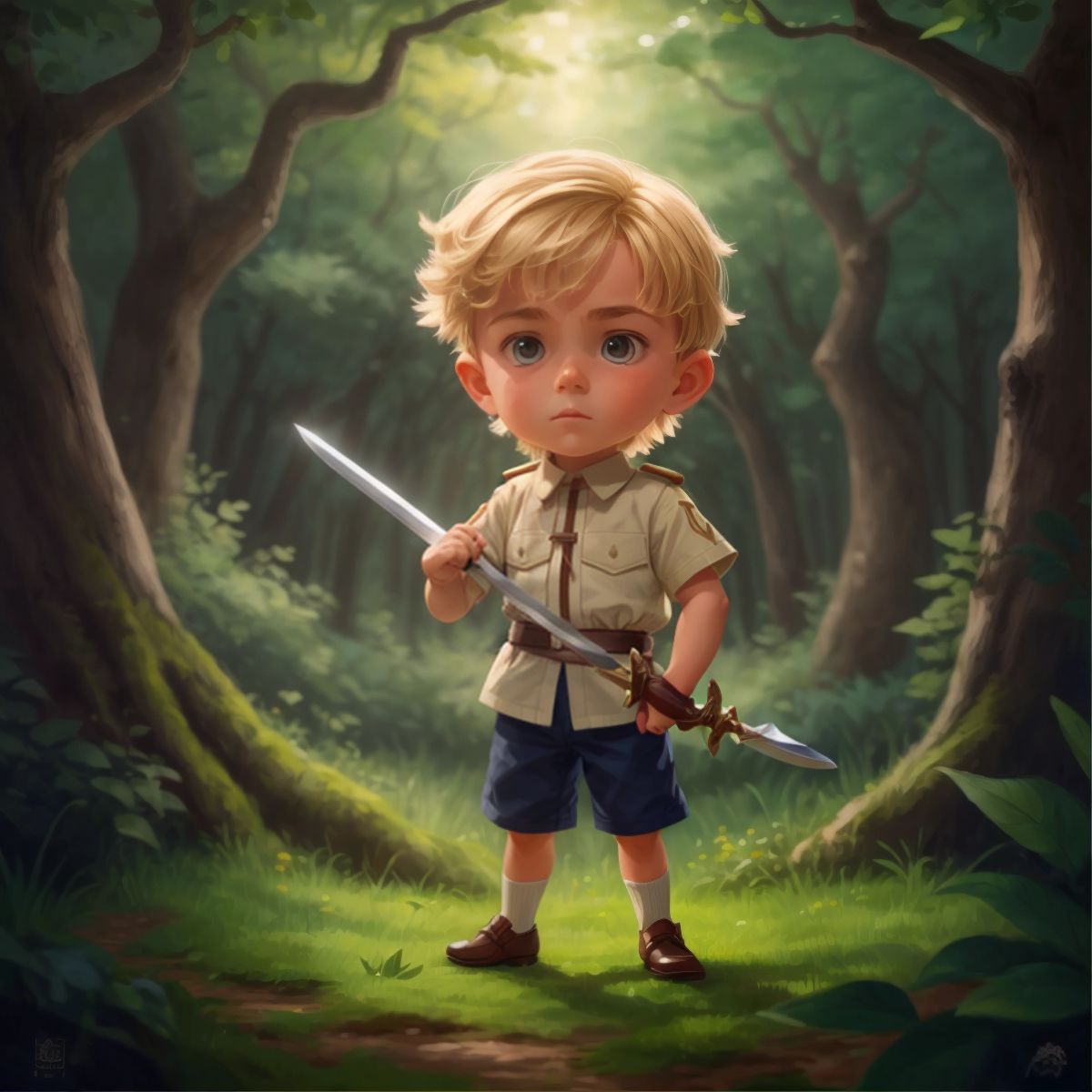 Charlie holding the sword, looking thoughtful
