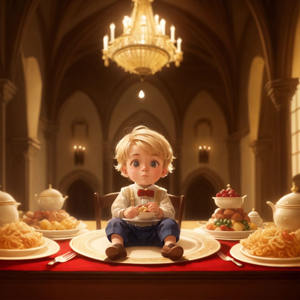 Charlie sitting at the head of a grand feast table