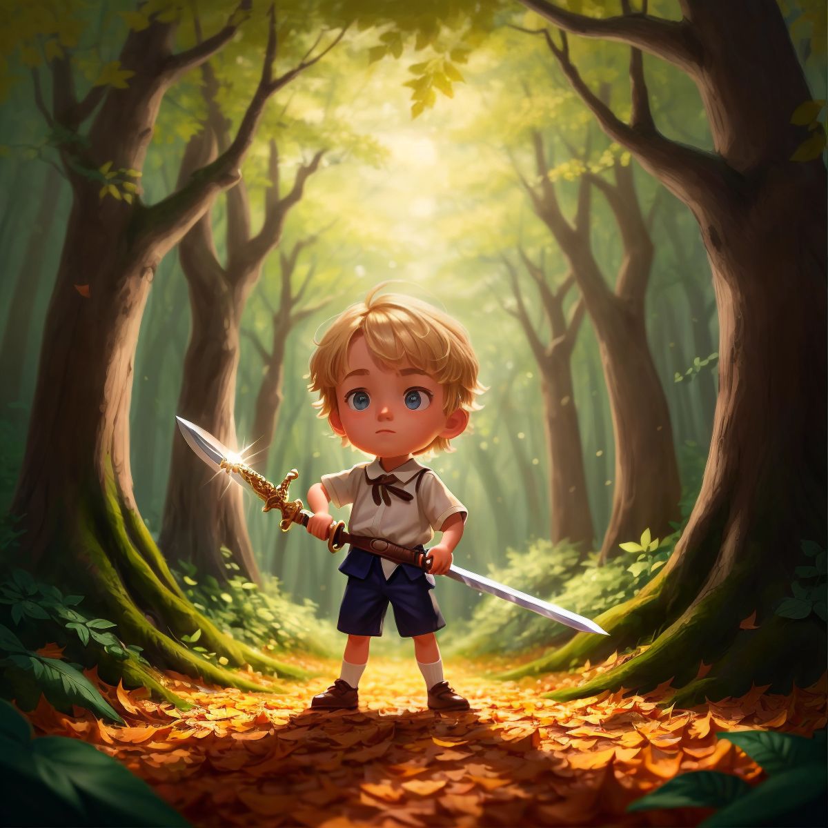 Charlie uncovering a sparkling sword from under a pile of leaves