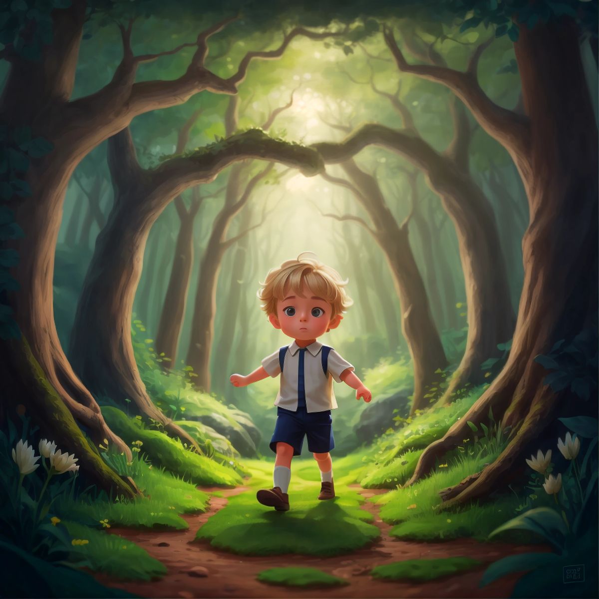 Charlie stepping out of a magical portal back into the forest