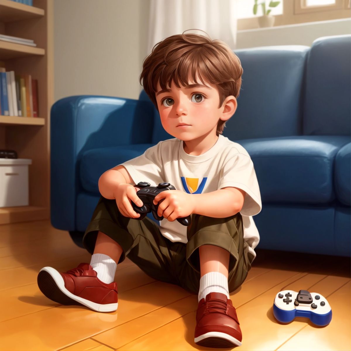 JoJo, looking determined, holding a game controller