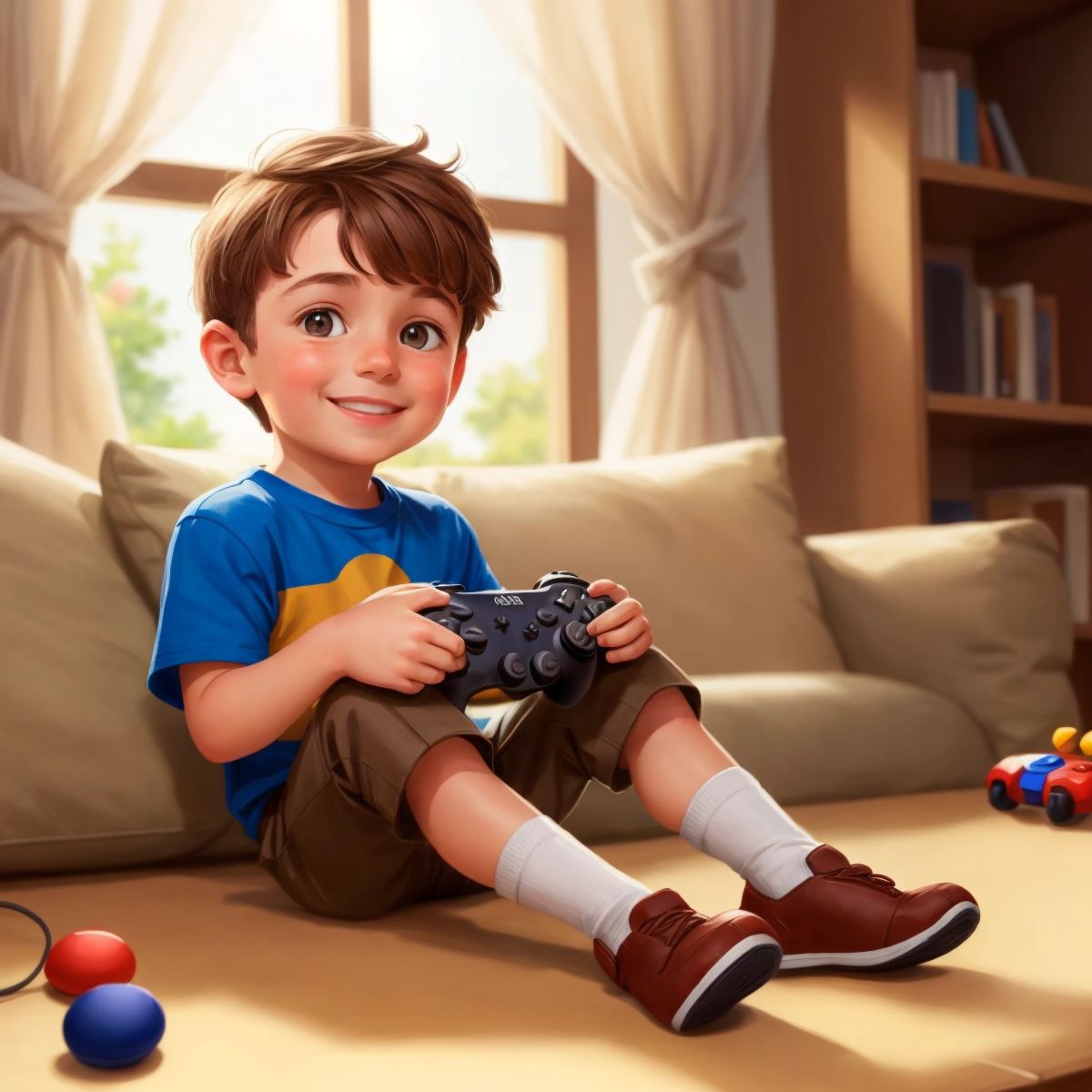 JoJo sitting indoors, smiling and holding a game controller