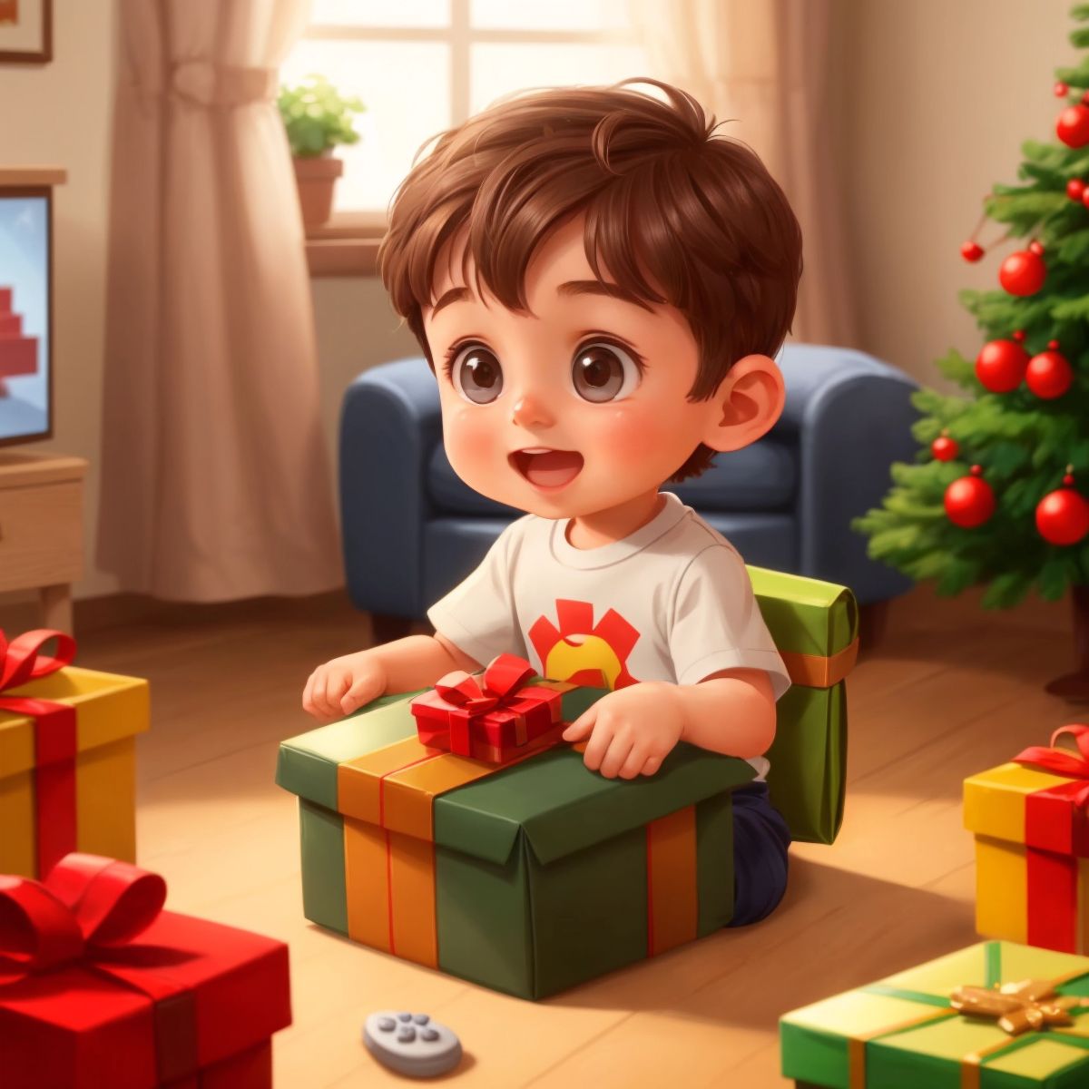 JoJo excitedly opening a present with a video game inside