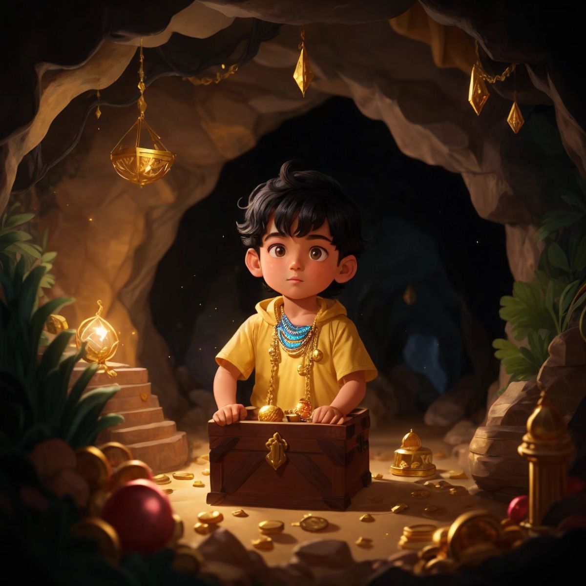 A treasure chest filled with gold coins, sparkling gems, and precious artifacts inside a cave