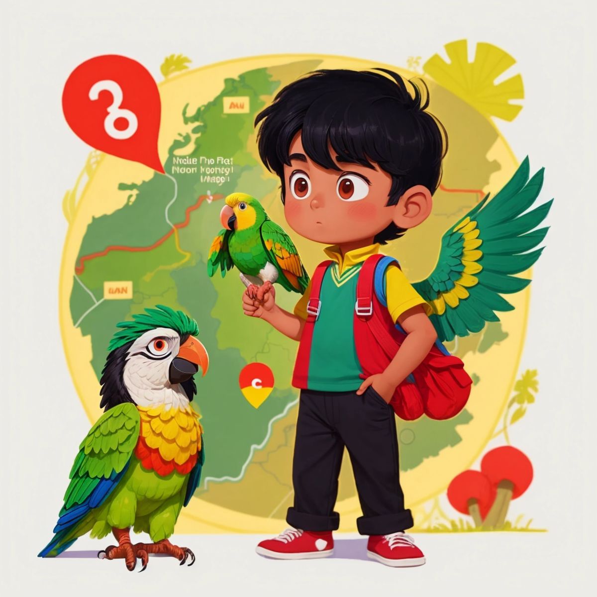 Hamza and the parrot, now older, looking at a map, ready for another adventure