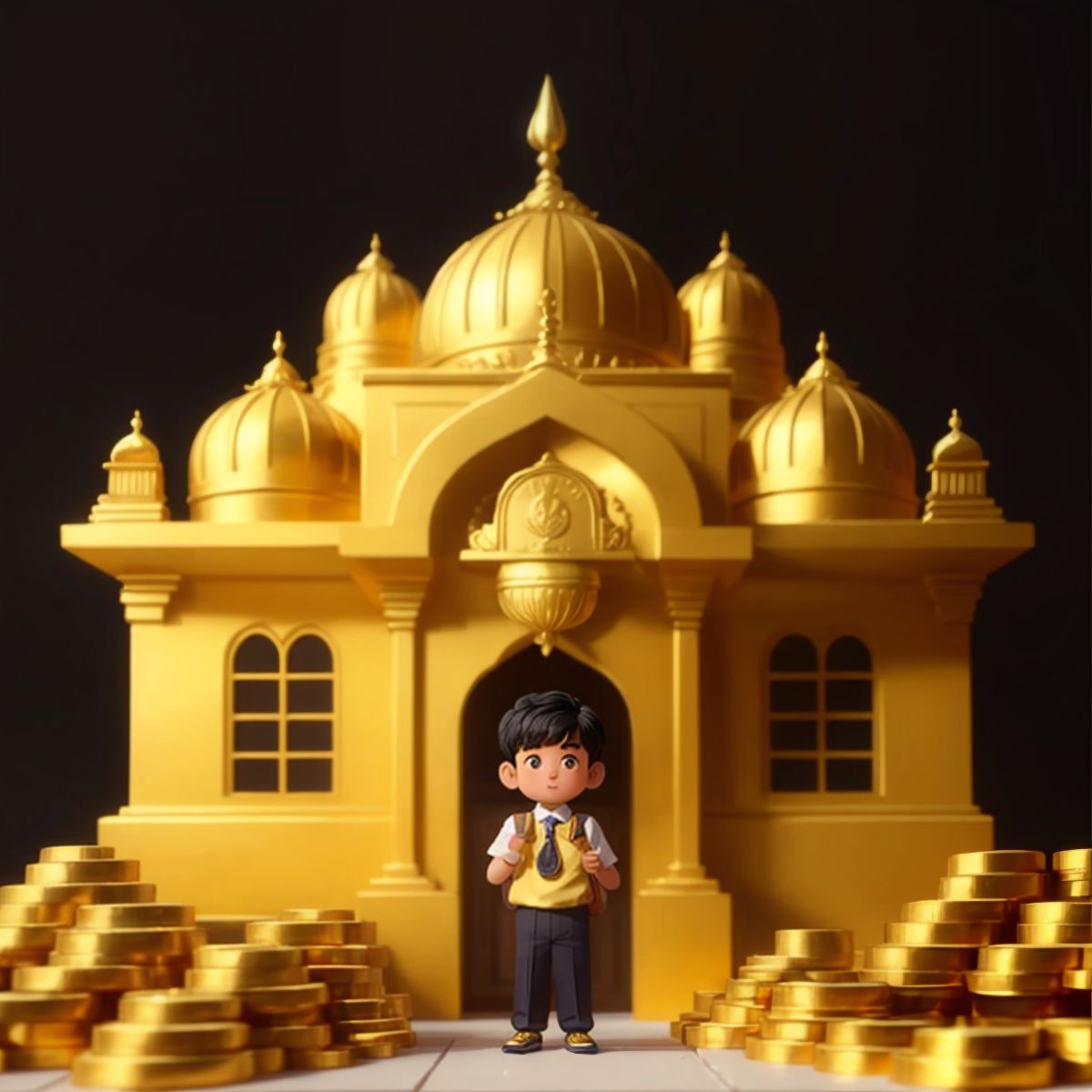 A school building made of gold coins