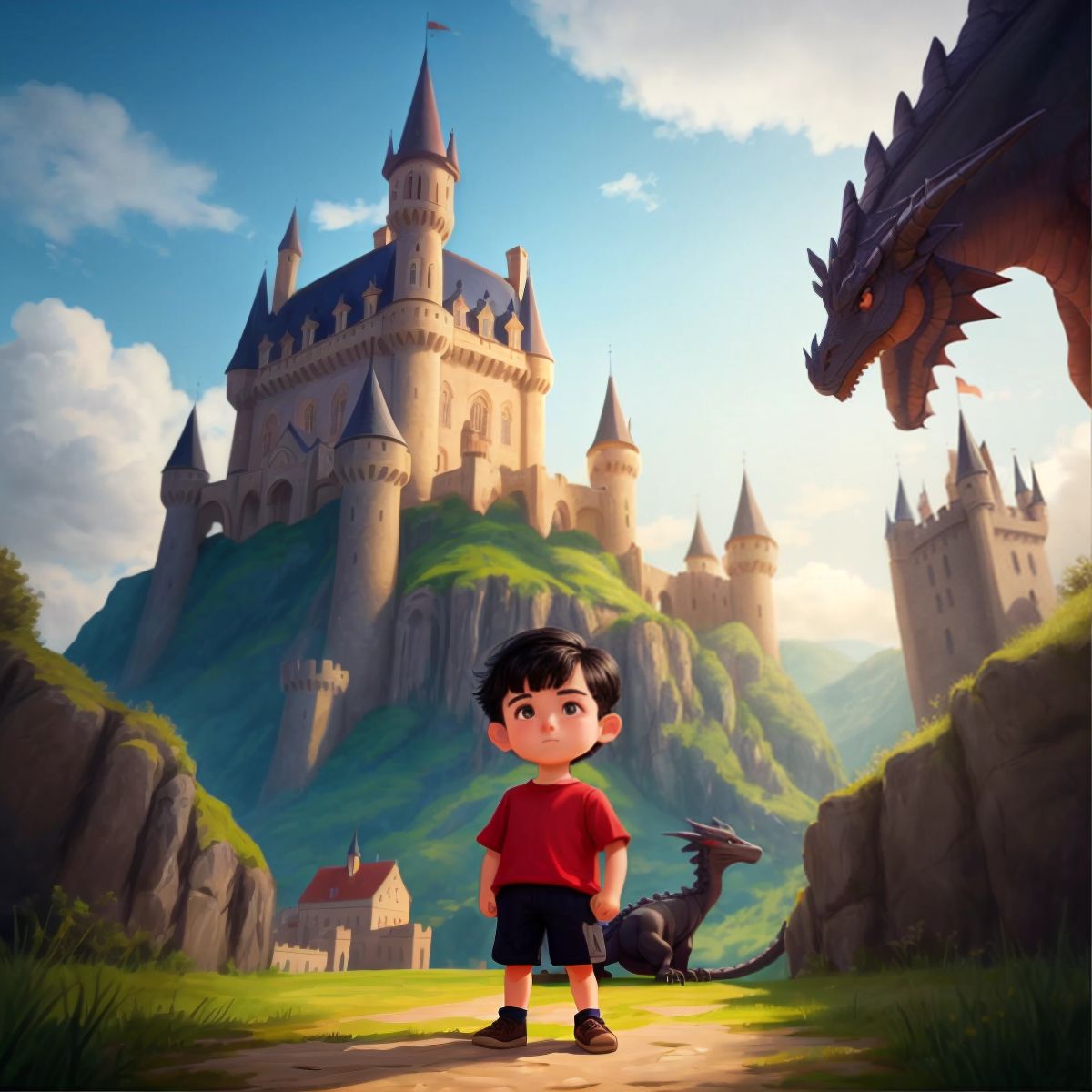 David standing fearlessly in front of a towering castle with a dragon