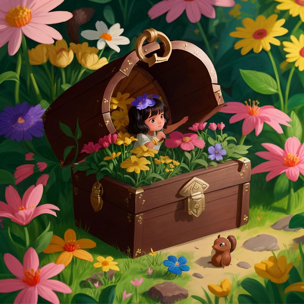 A treasure chest buried beneath the flowers