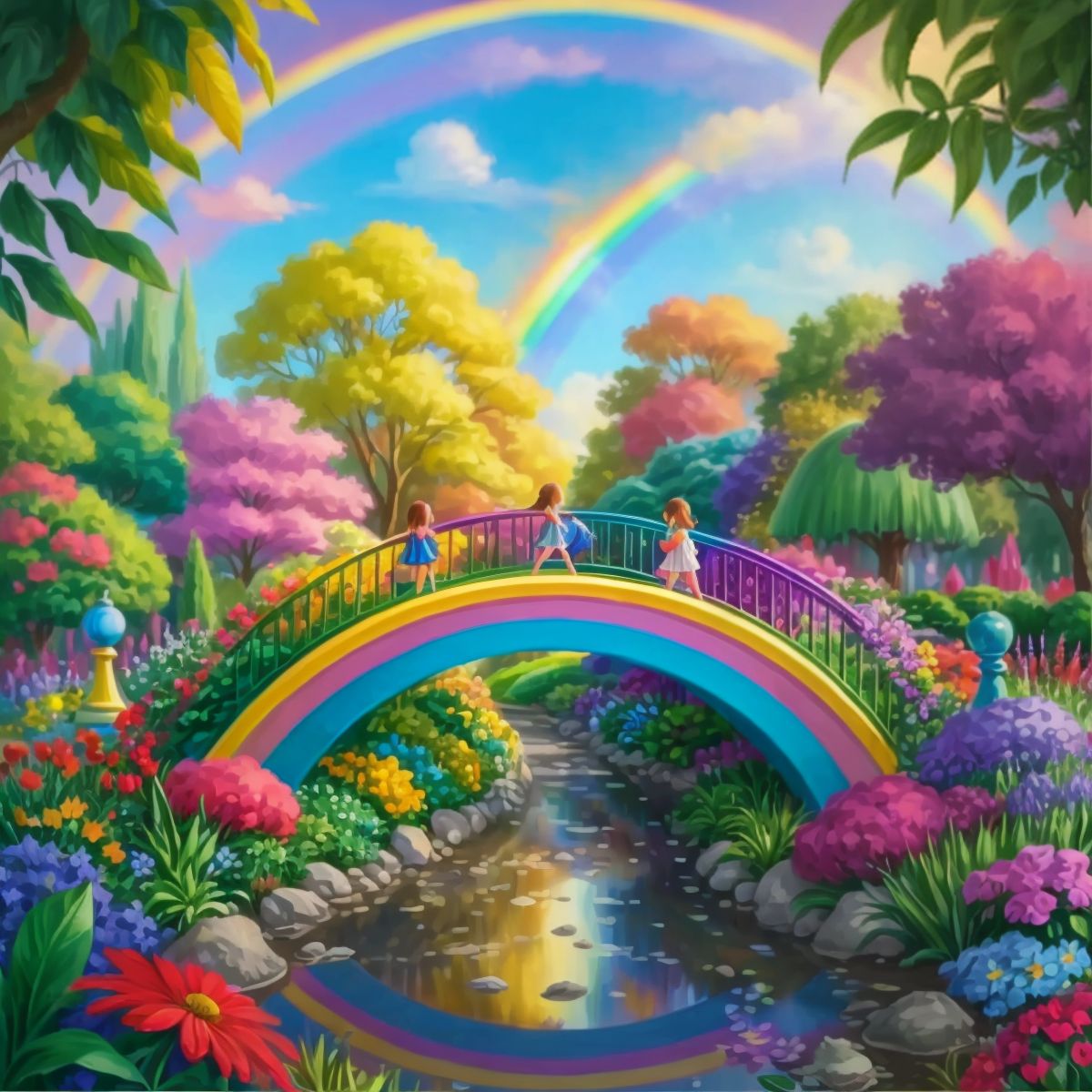 A magical rainbow bridge connecting gardens around the world