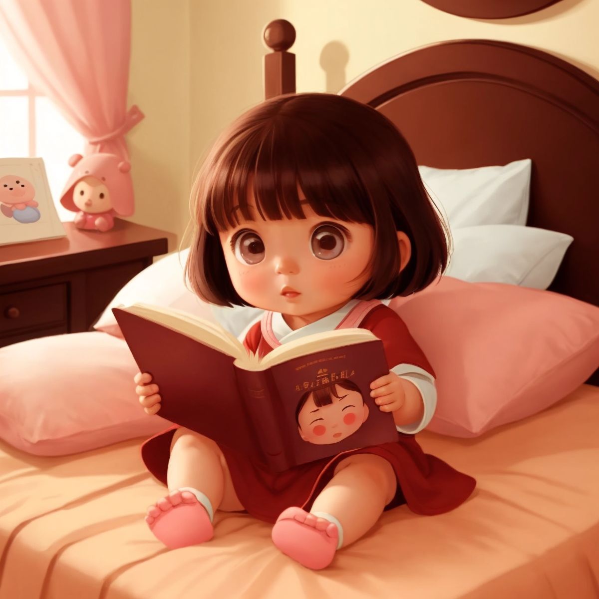 Mew in her bed with a bedtime story book