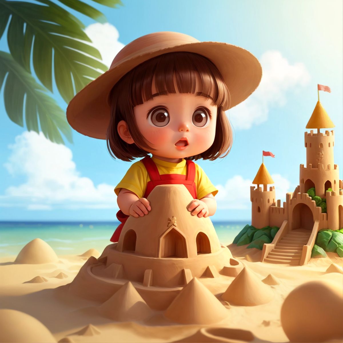 Mew building a sandcastle tower