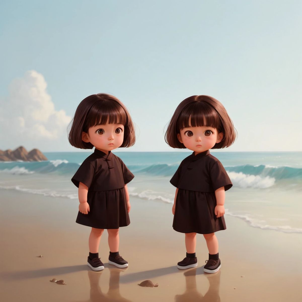 Mew and Lalin in matching outfits with a beach in the background