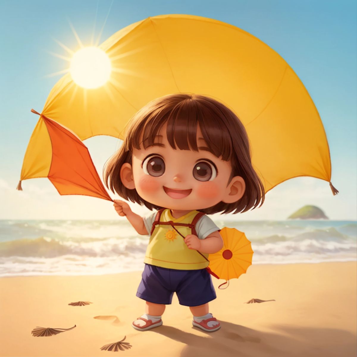 Mew holding a kite with a smiling sun design