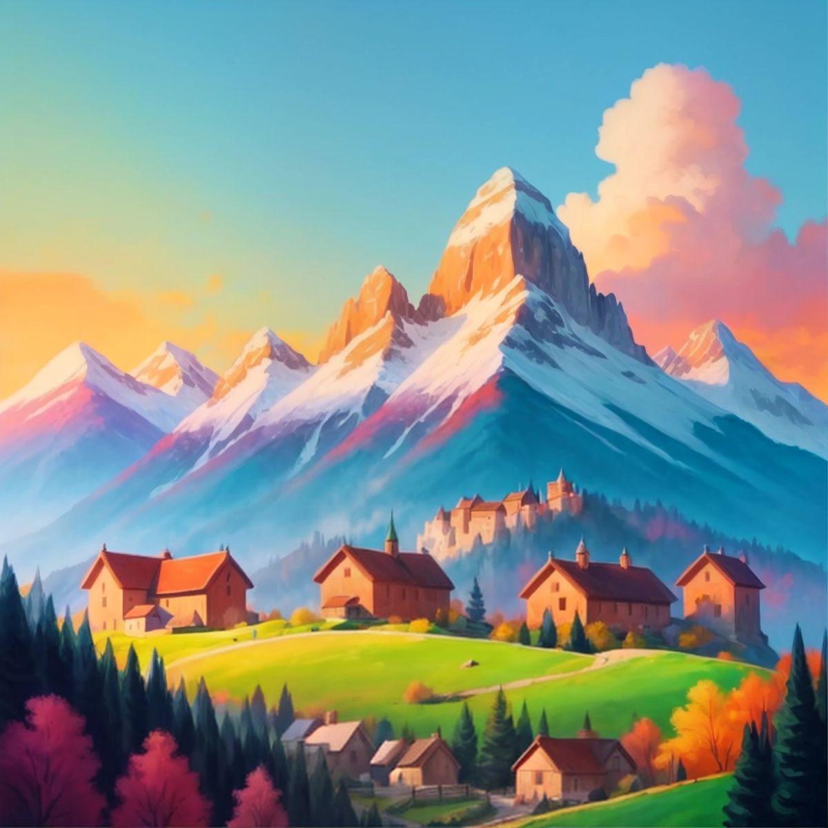 A majestic mountain painted with vibrant colors