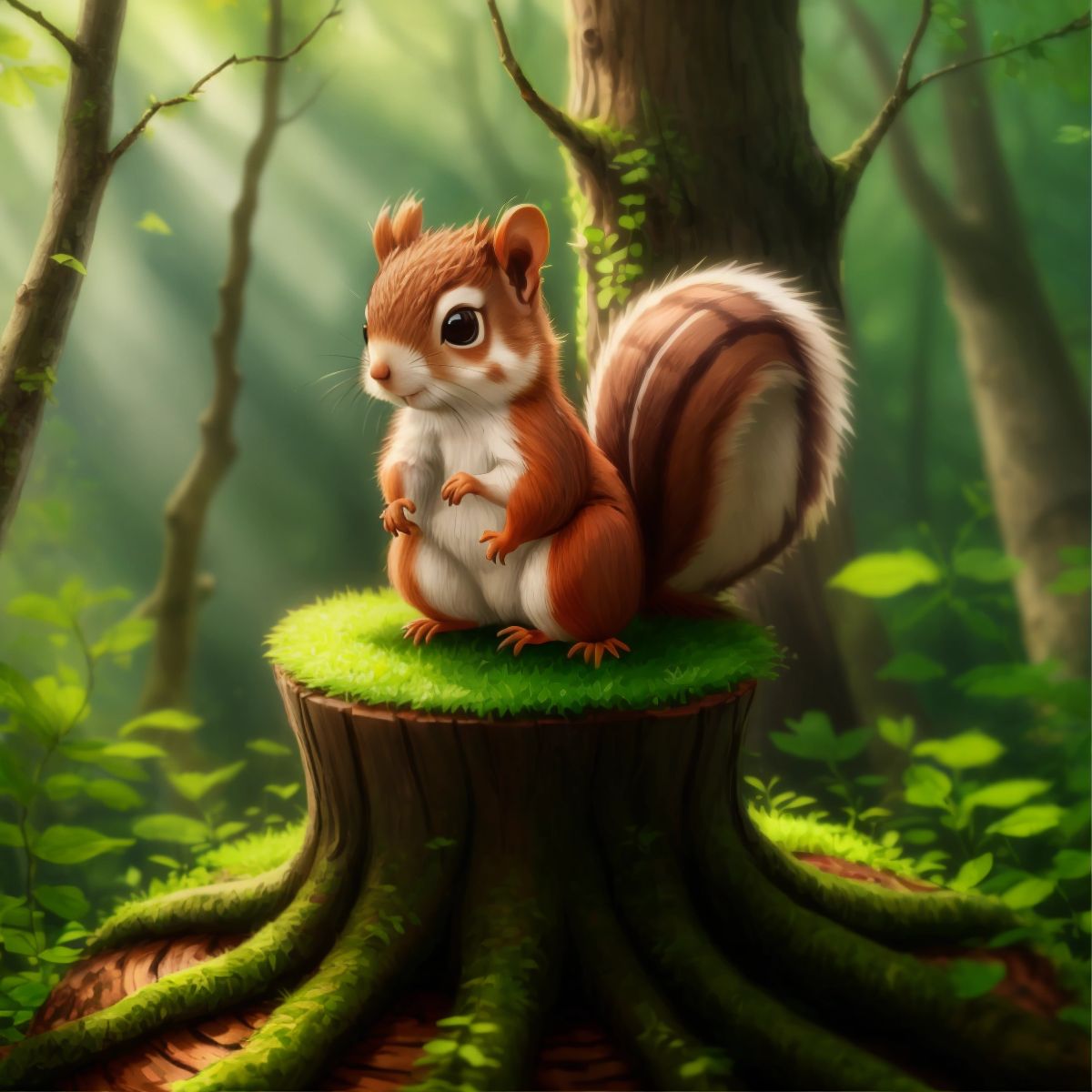 Squirrely standing on a tree stump