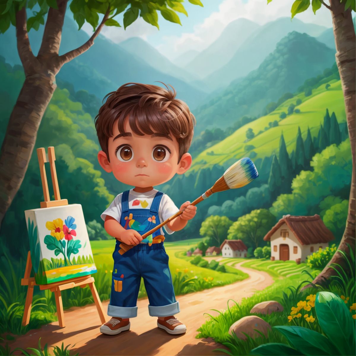 Peter with a paintbrush in his hand, painting on a canvas