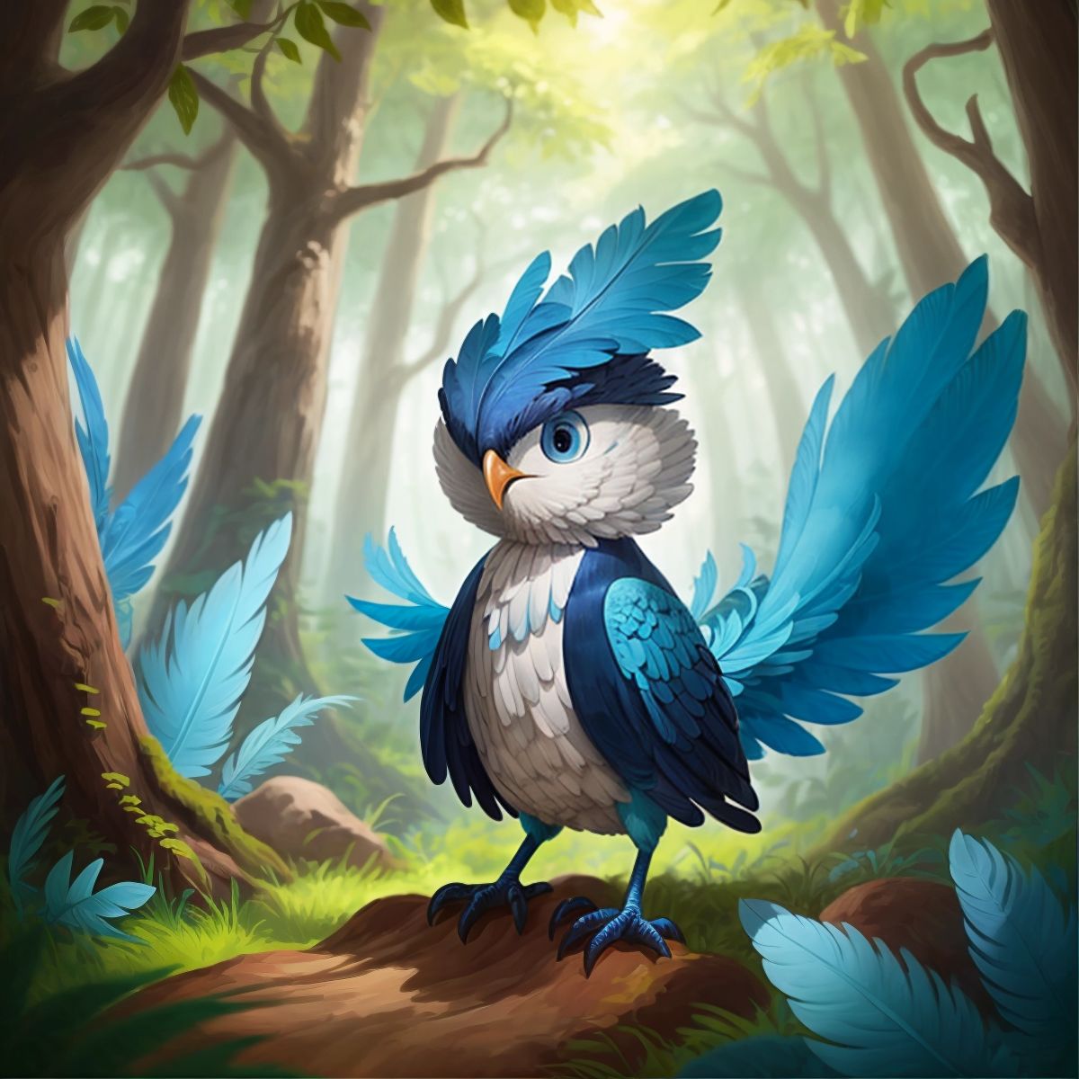 A peculiar creature with bright blue feathers and a long tail