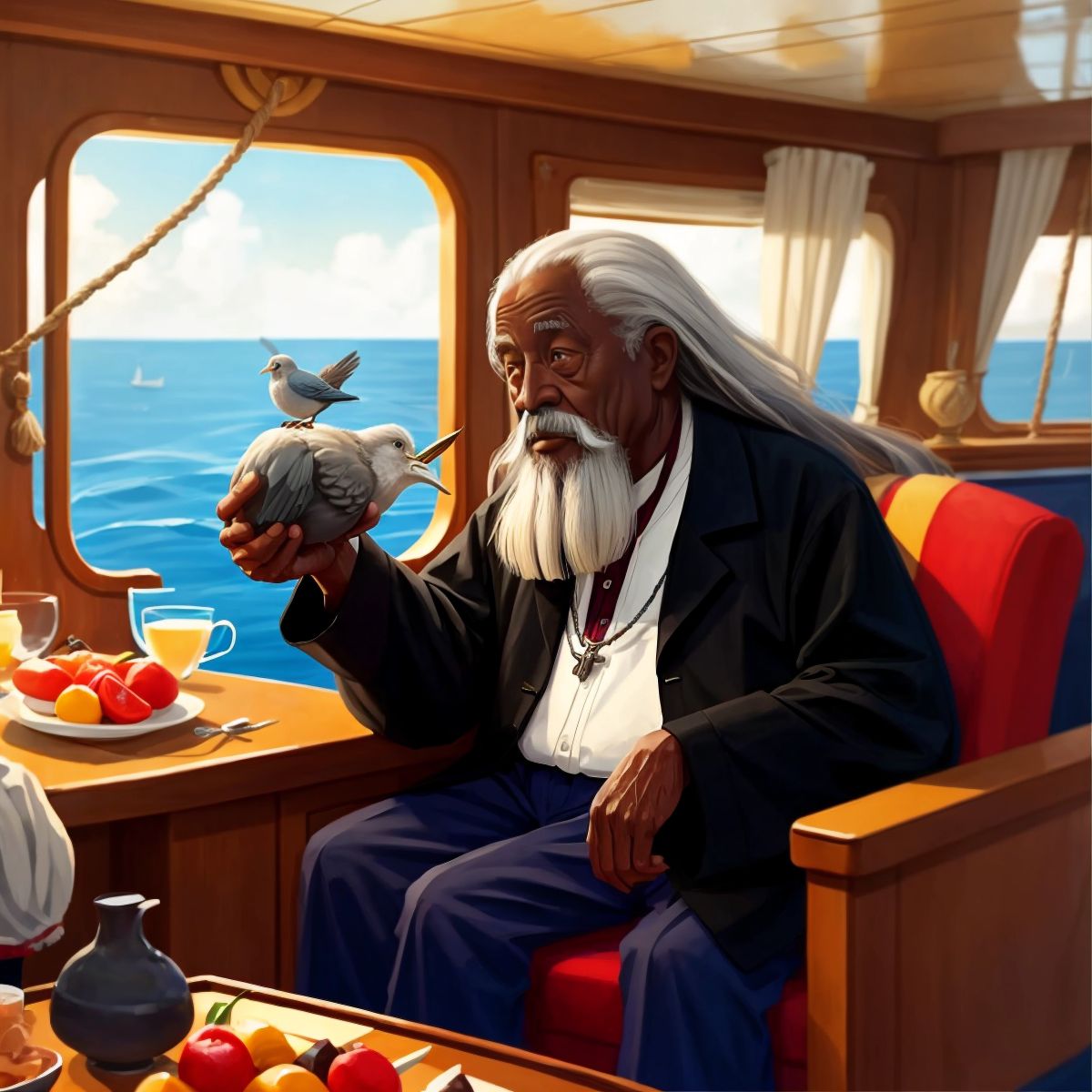 Noah inside the boat, feeding a bird