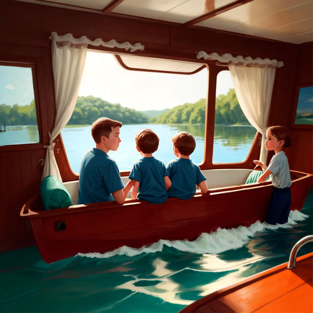 Noah and his family looking out of the boat's window at the receding water