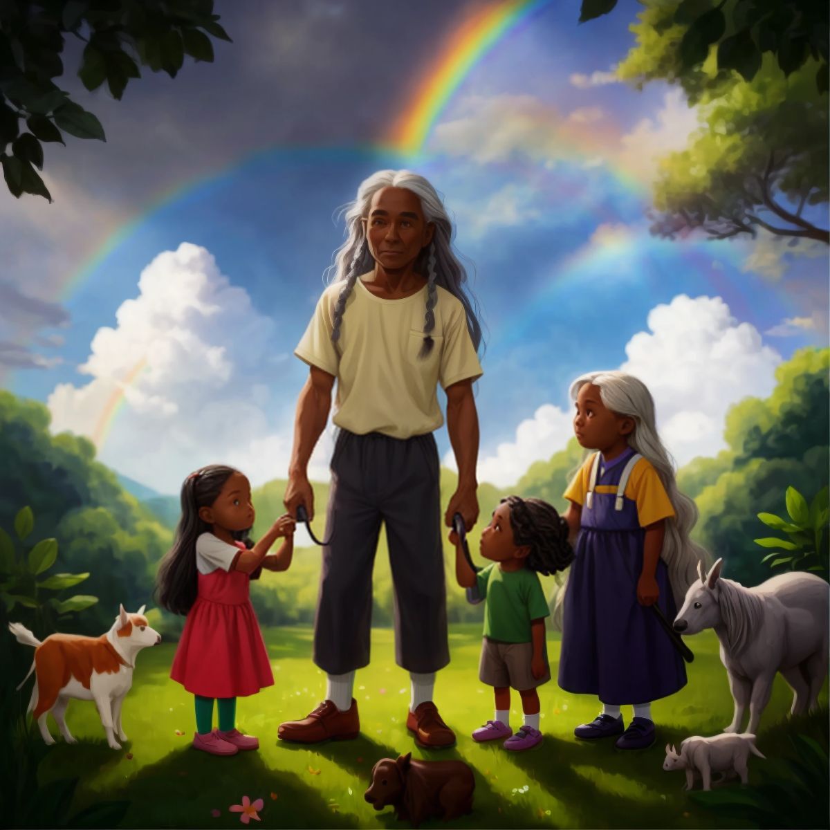 Noah and his family under a rainbow, taking care of animals