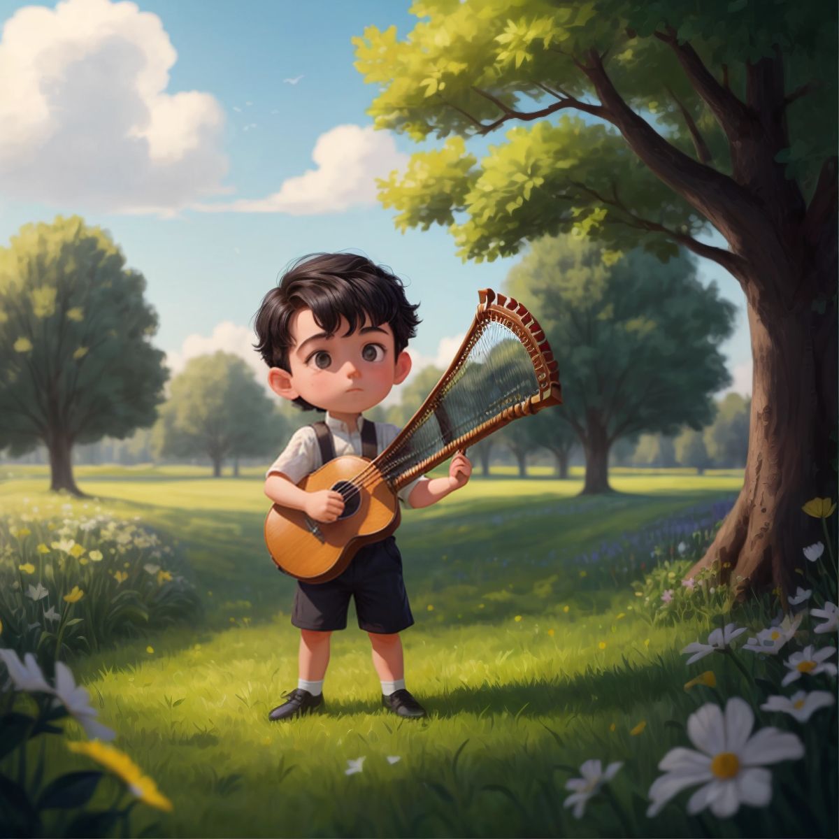 David playing the harp in a green pasture