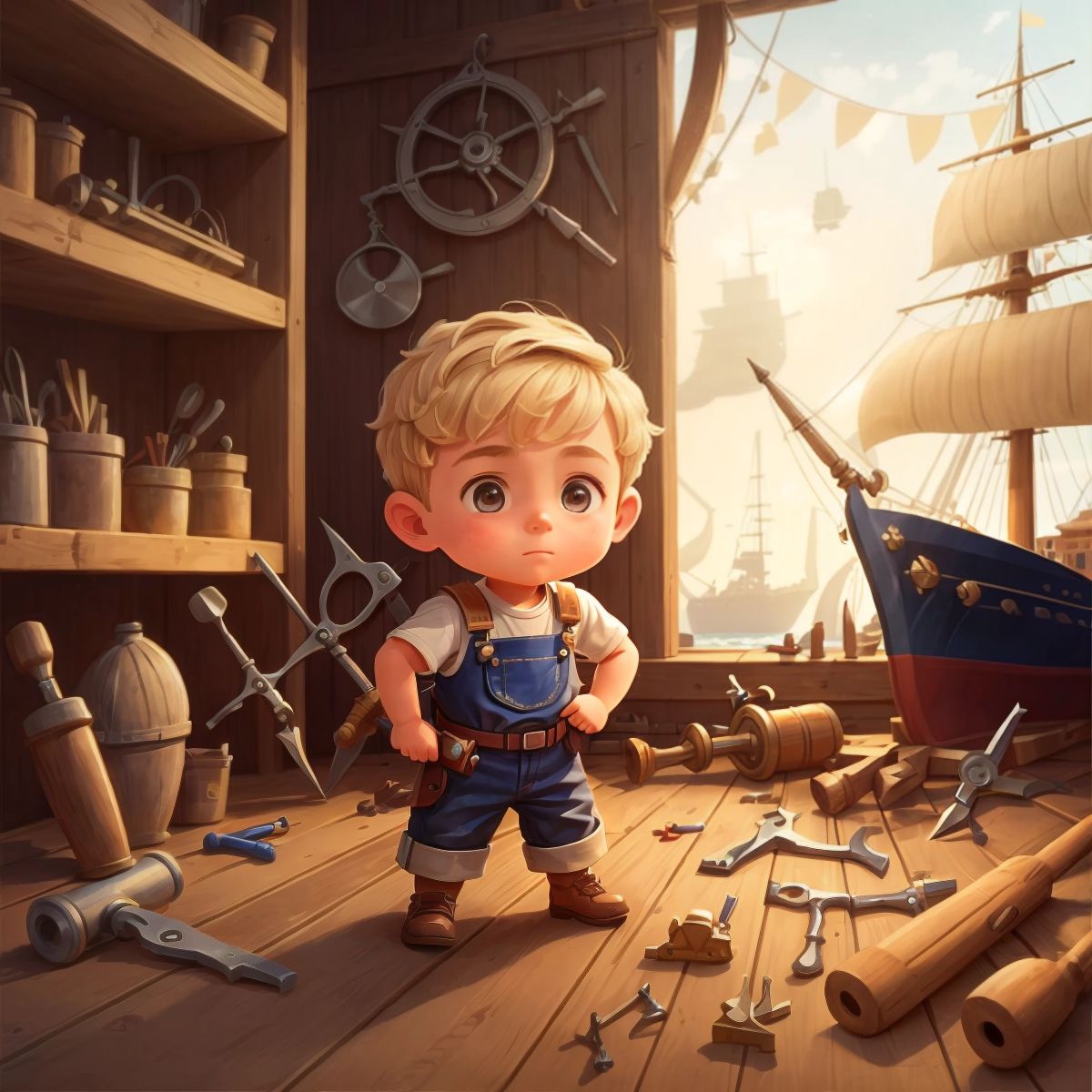 سراج is shown building a ship, with various tools and equipment around him