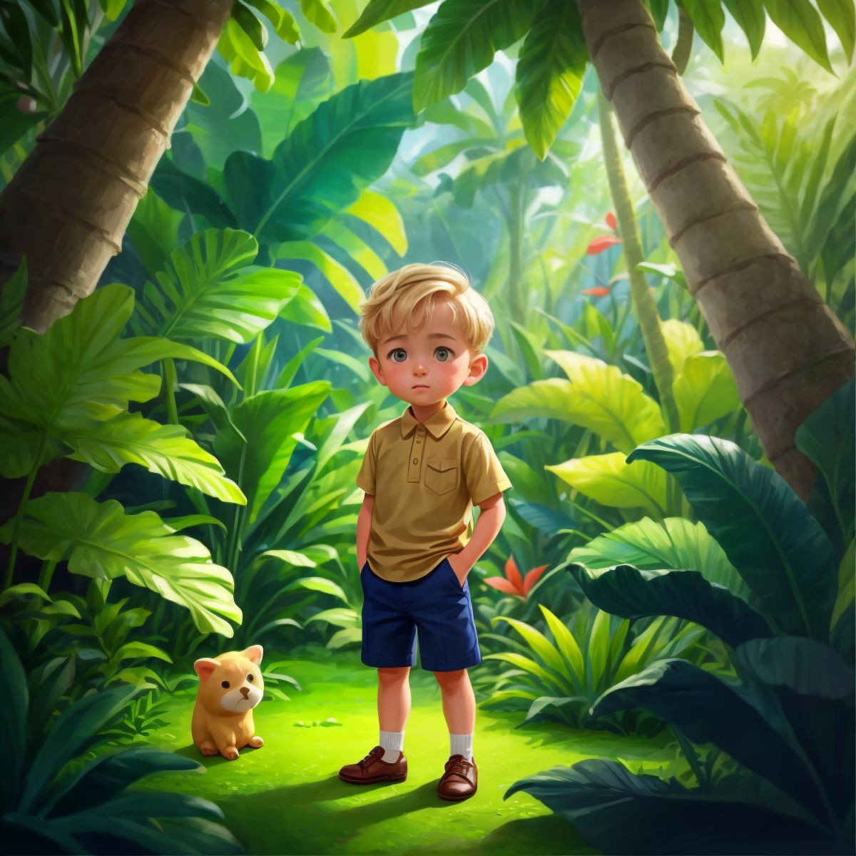 سراج is standing on a tropical island, with lush greenery and strange animals around him