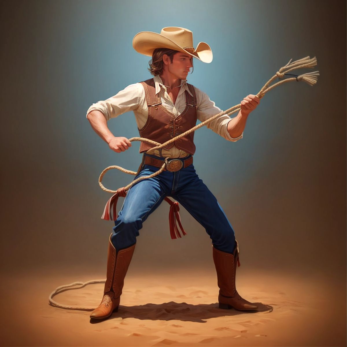 A cowboy performing tricks with a lasso