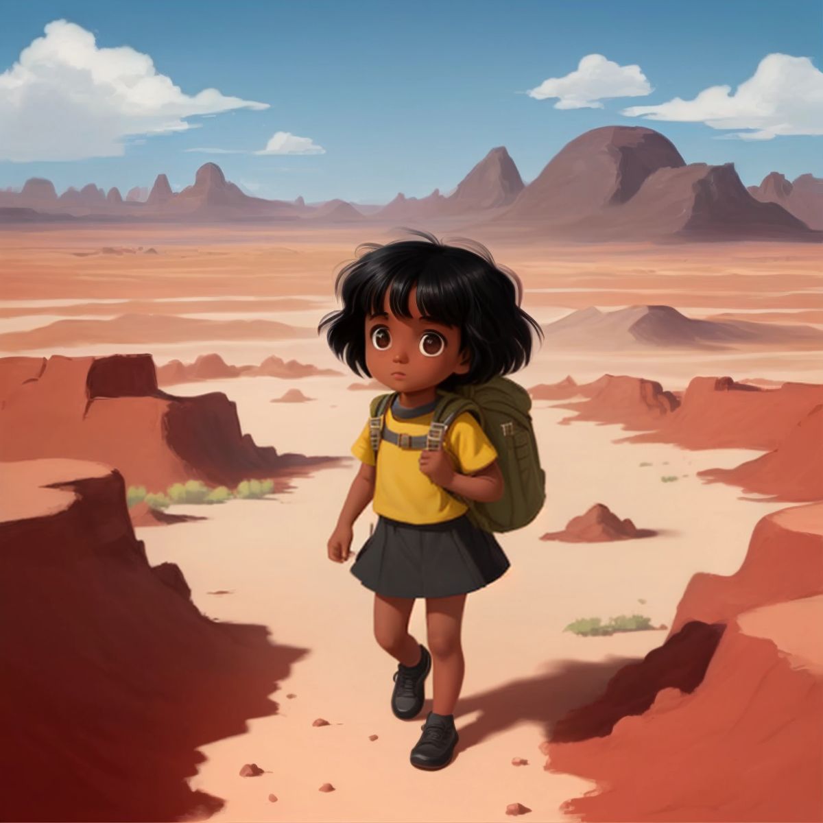 Gemma walking through a vast desert with a backpack