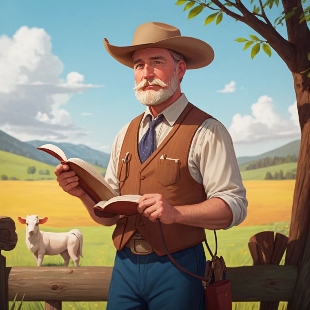 Mr. Johnson, a kind-hearted rancher, sharing stories