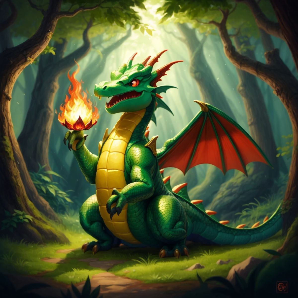 A dragon in a forest, with shiny scales and fire coming out of its mouth