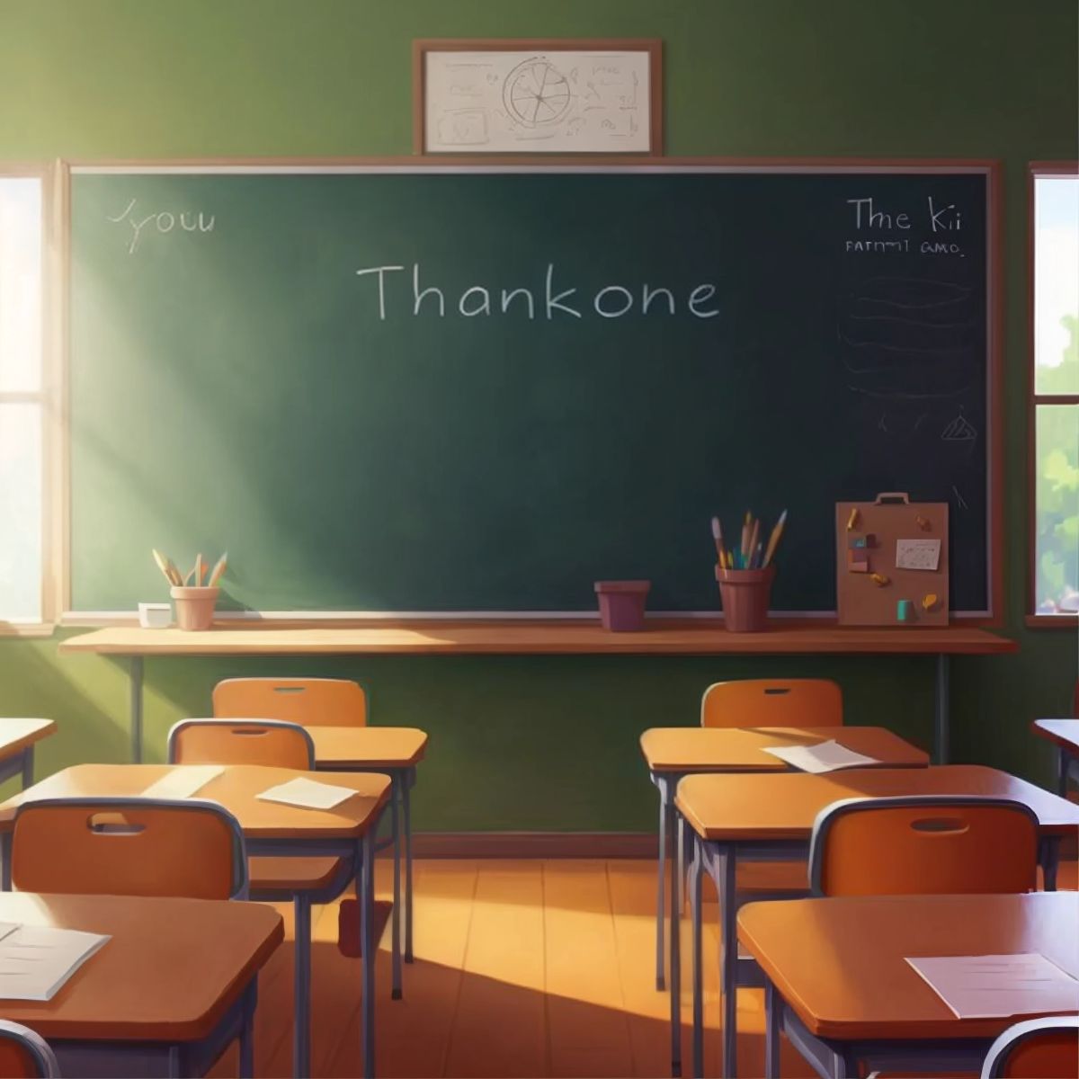 The classroom empty, with a 'Thank you' note on the blackboard