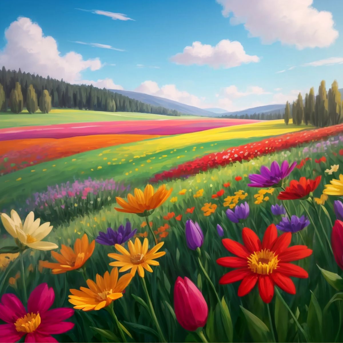 A wide meadow filled with colorful flowers