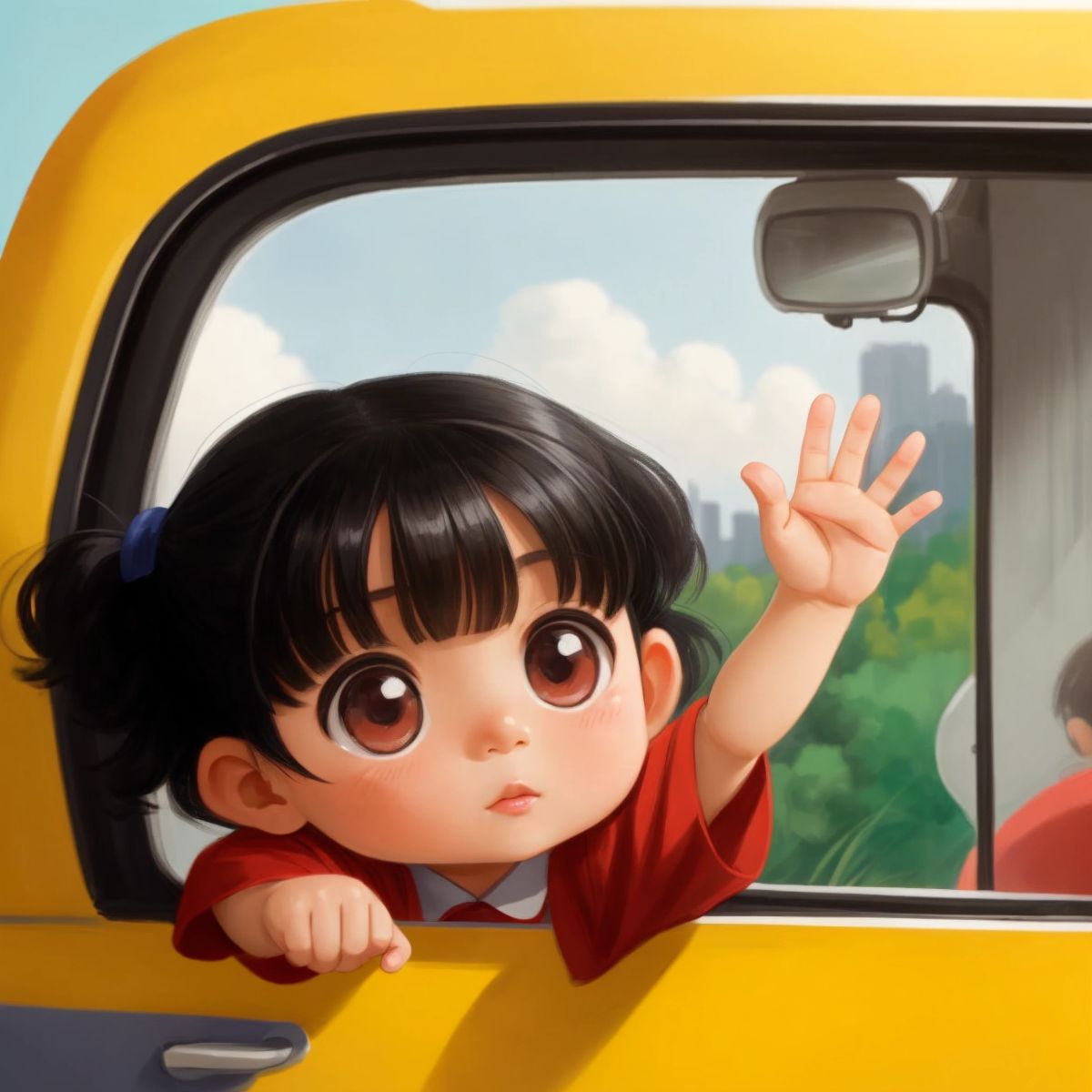 Lucy waving from a car window