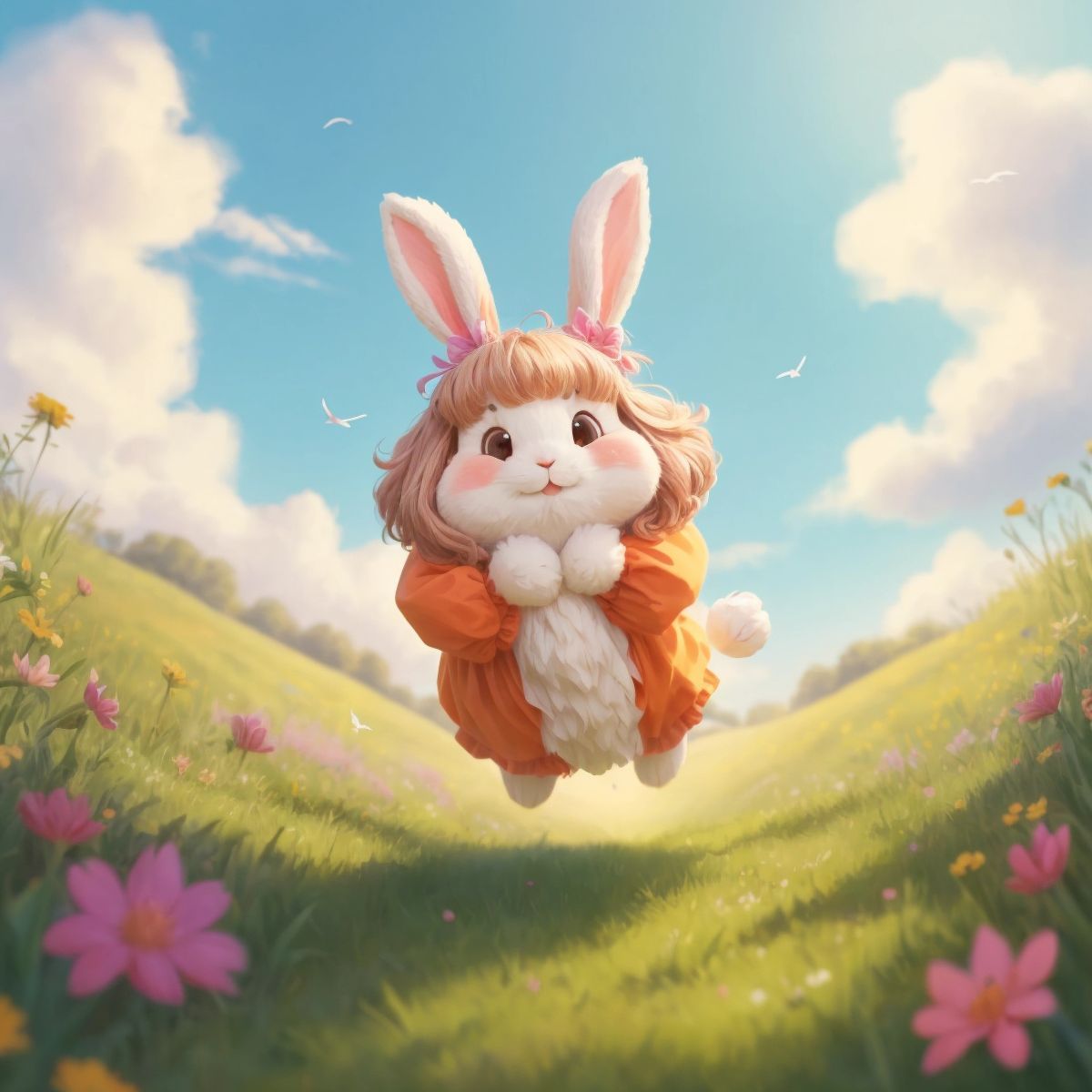 A fluffy rabbit named Rosie hopping in the meadow