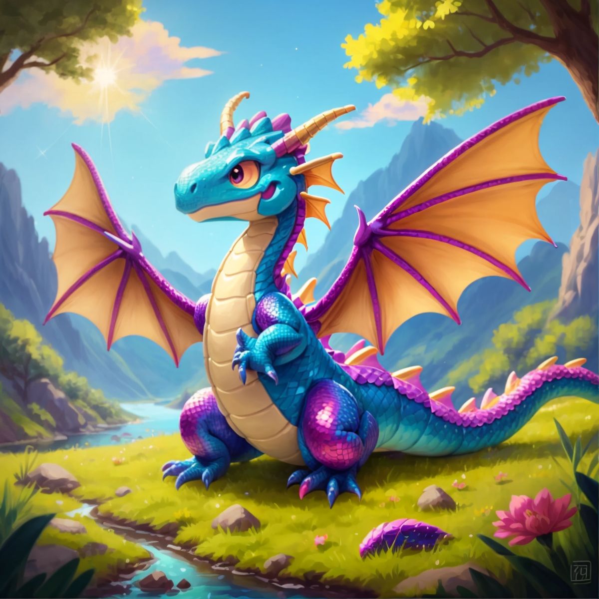 A friendly dragon named Sparkle with colorful scales