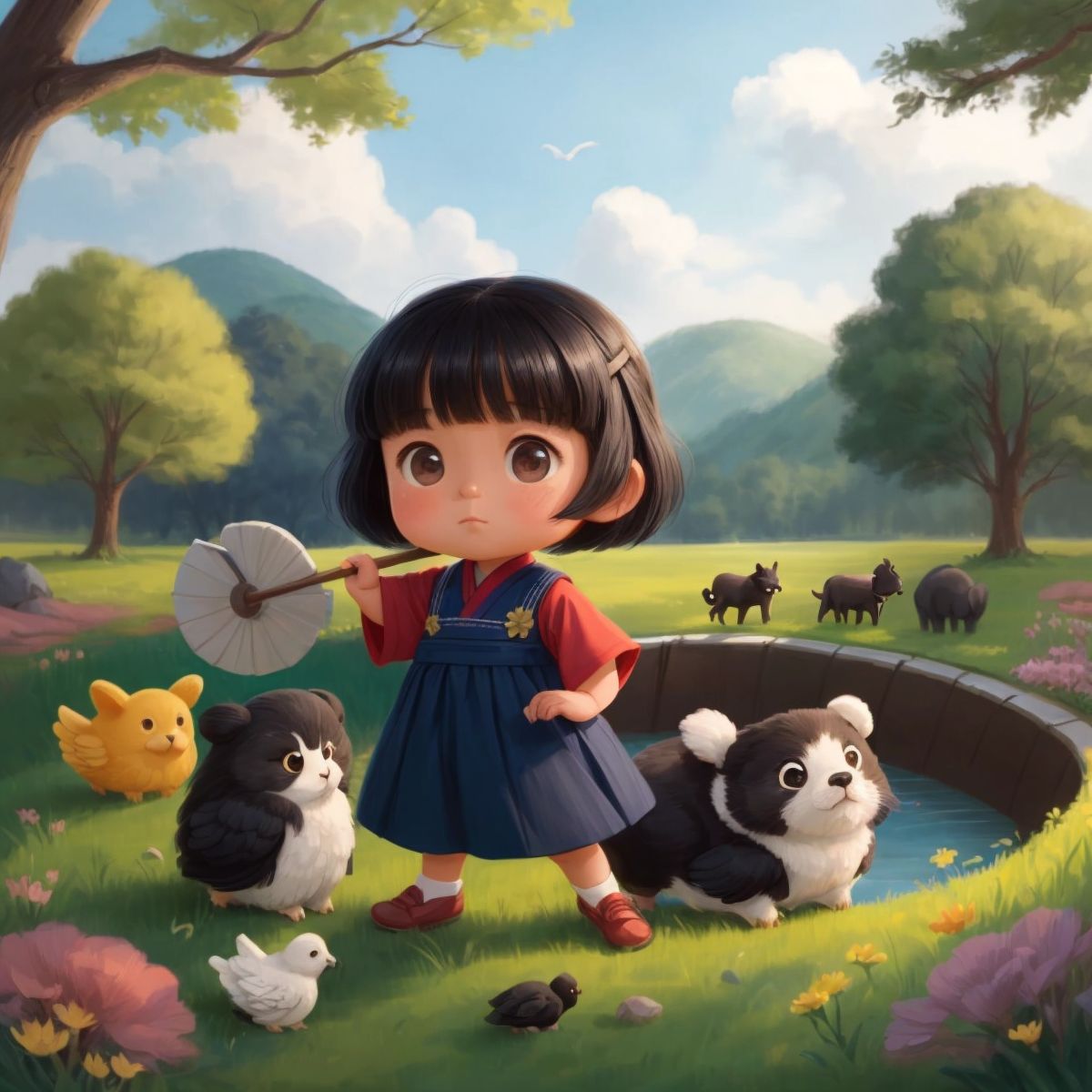 Lucy and her friends building a dam