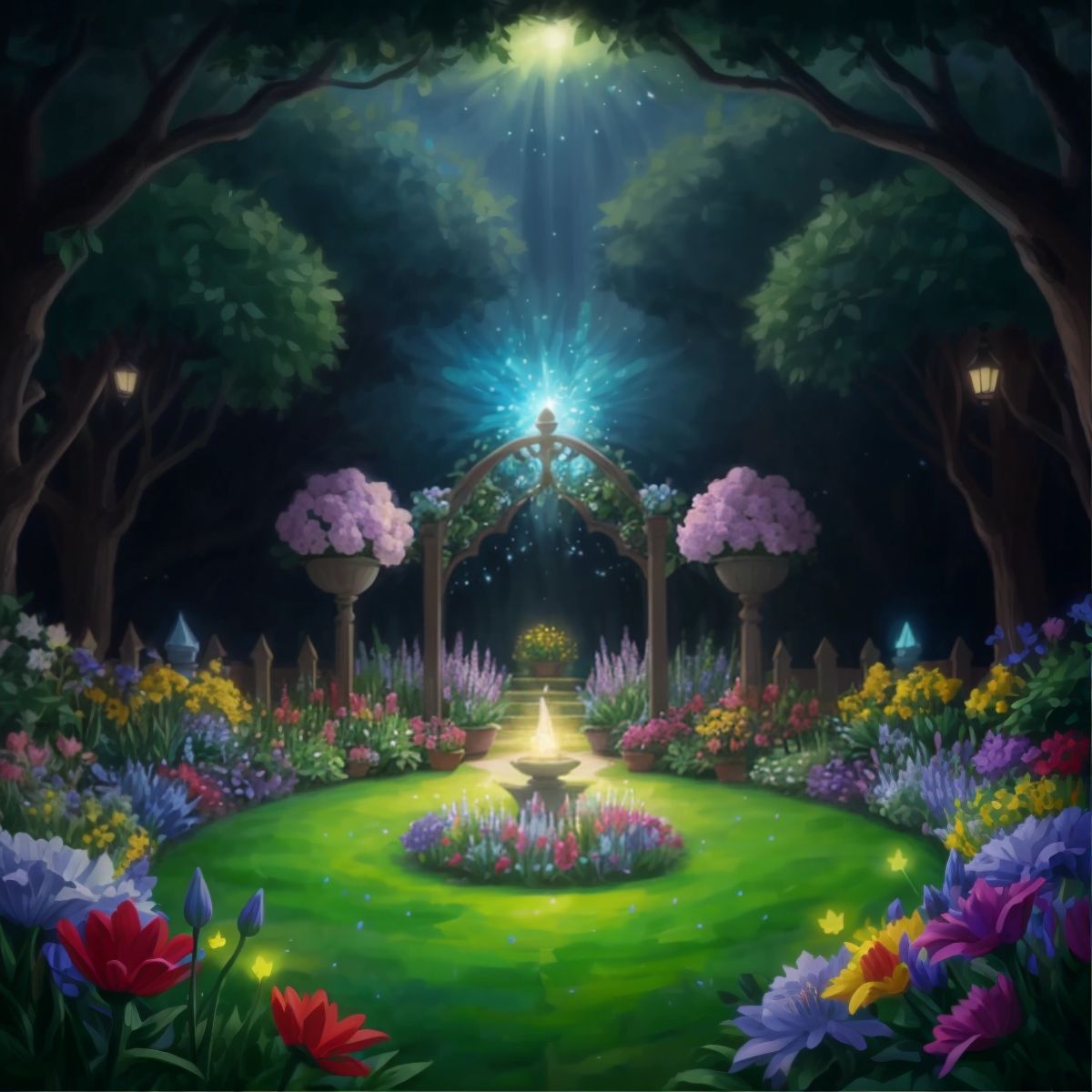 Lila's garden transformed with flowers glowing with a magical aura