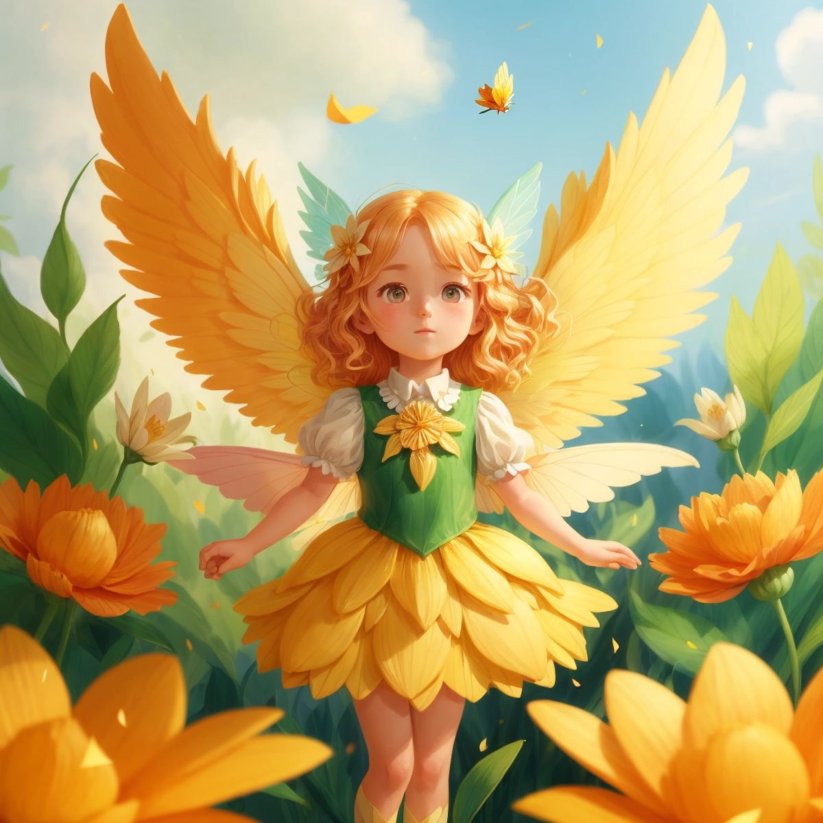 A friendly flower fairy named Blossom with golden hair and wings made of petals