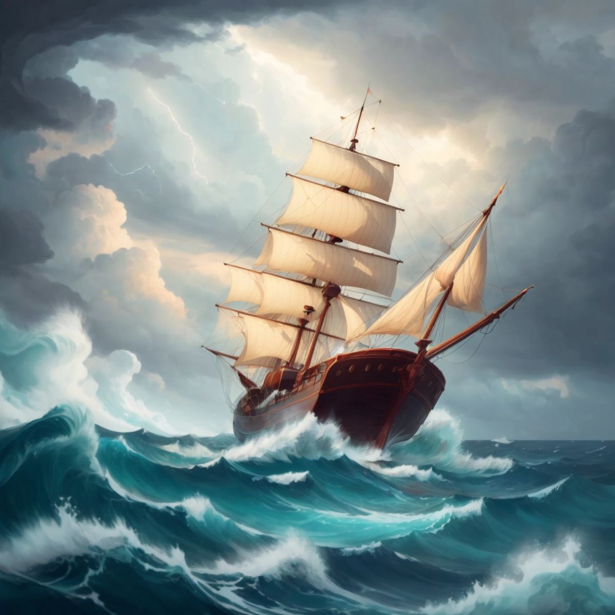 A ship sailing into a storm