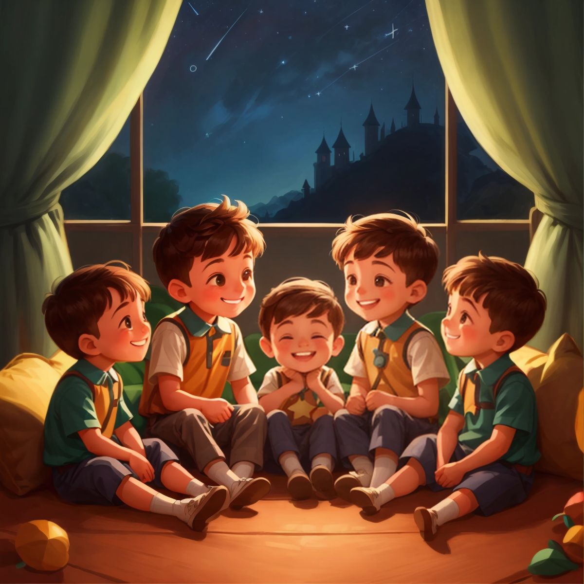 Joseph, Silas, John, and Peter sitting together, smiling and looking at the stars