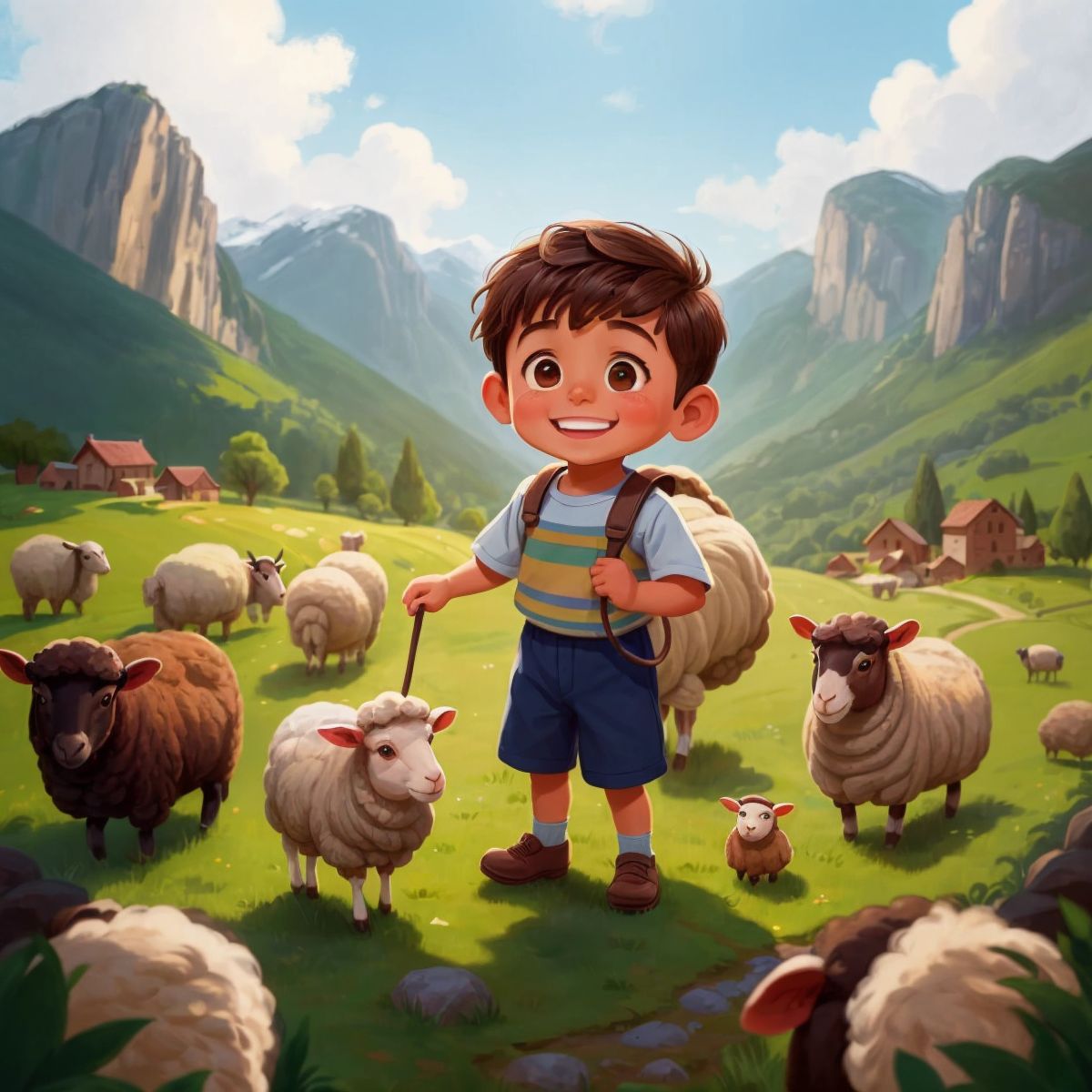 Joseph, a young shepherd boy, smiling while tending to his sheep in the mountains