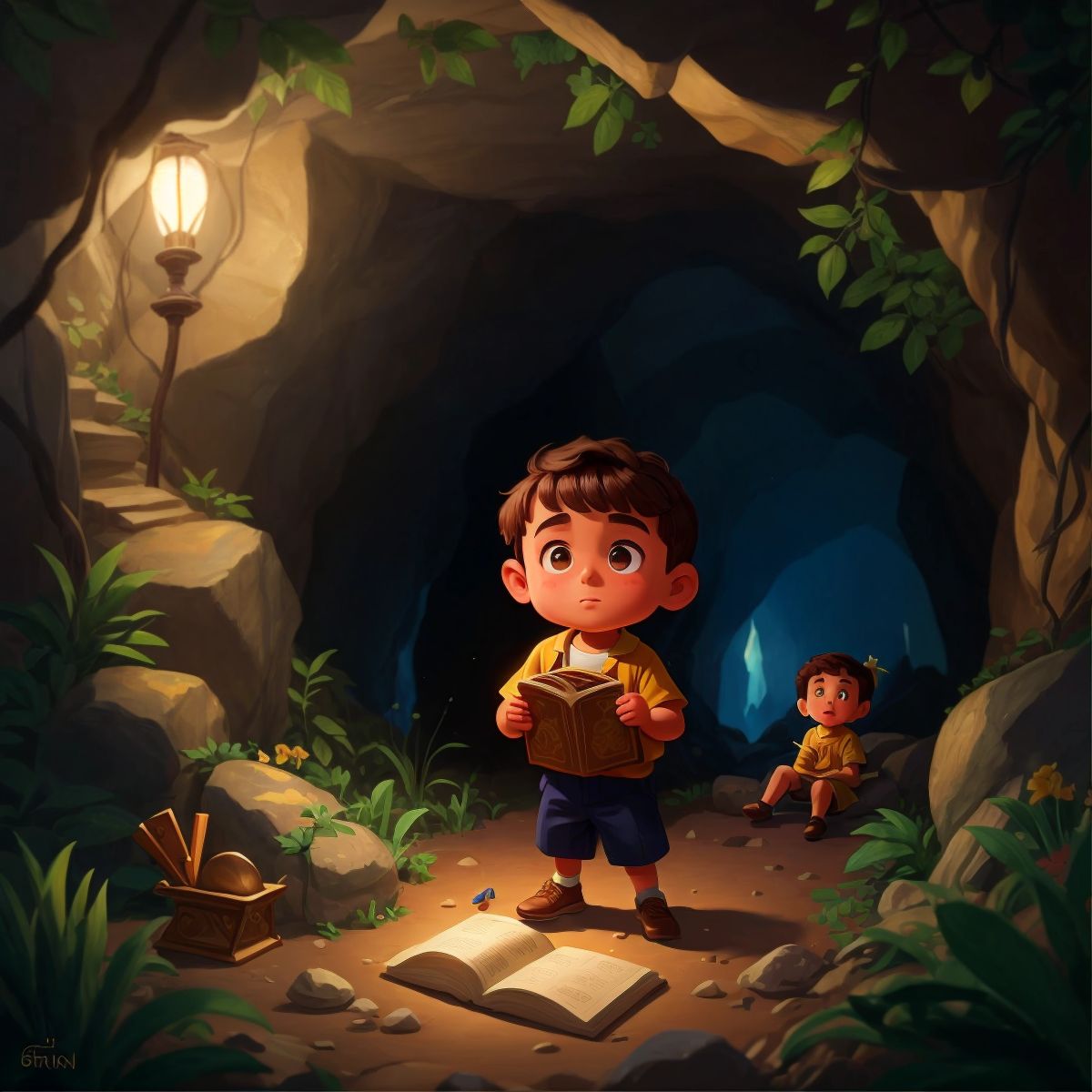 Joseph discovering a golden Bible inside a hidden cave