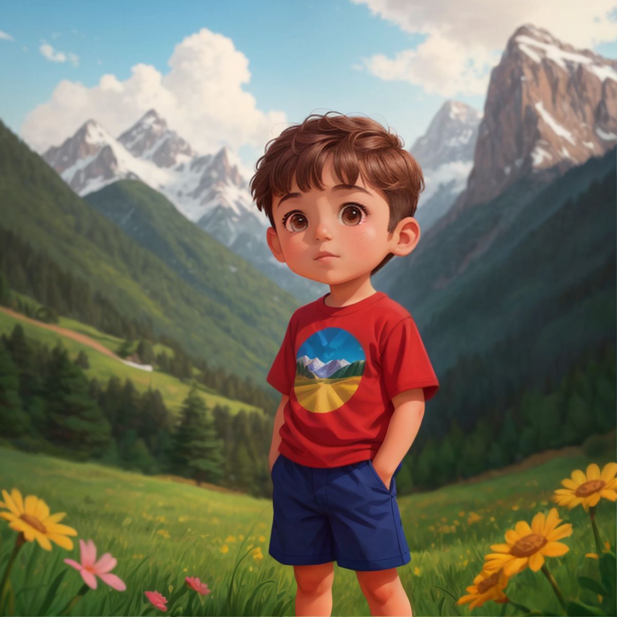 Joseph enjoying the beauty of nature, with mountains in the background